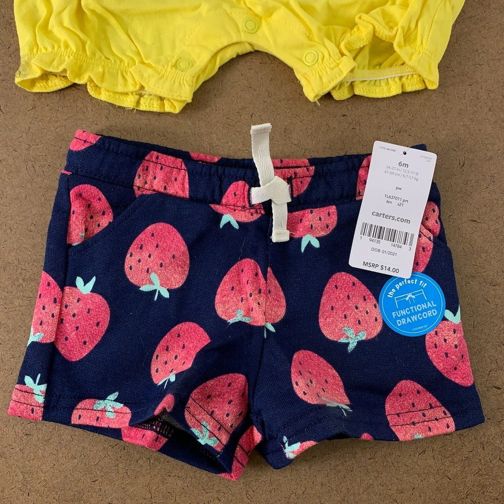Carter's Baby Size 6 Months Blue Strawberry Shorts & Yellow Romper 2 Pieces NWT - Picture 2 of 6